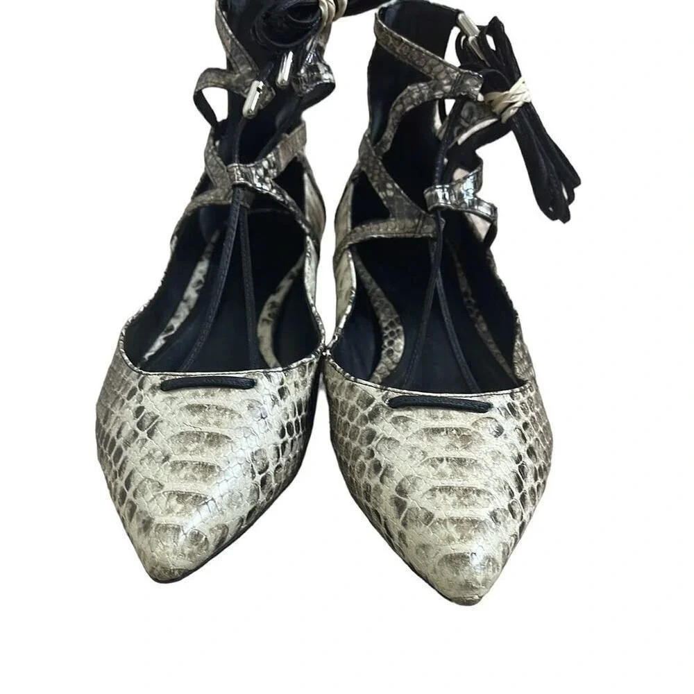 Schutz Beryl Snake Print Lace Up Strappy ‎ Pointy Toe Ballet Flats Size 8